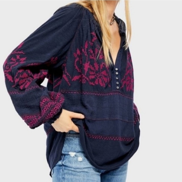 Free People Tops - Free People Persuasion Embroidered Long Sleeve Tunic Oversized Top M